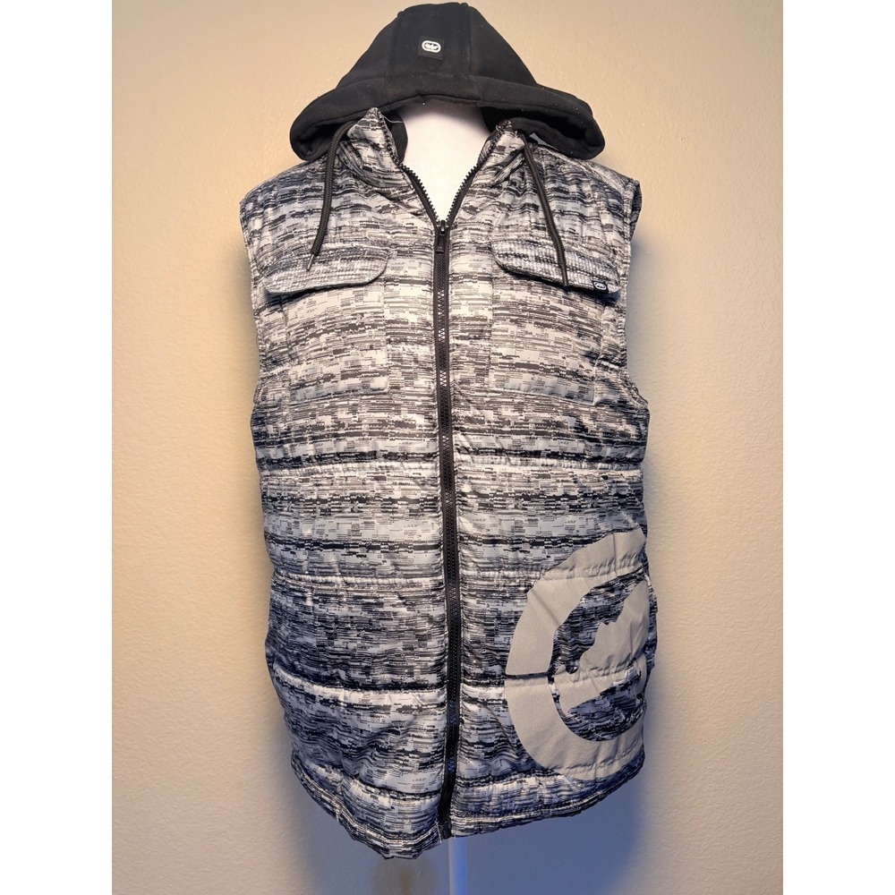 Y2K Ecko Unltd Glitch Print Puffer Vest Gray Black Hooded Rhino Logo Size M #11